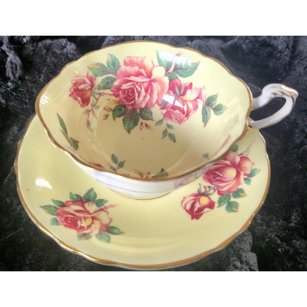 Vintage Paragon Bone China Teacup Saucer Yellow Pink Floral Rose Gold A1552/2